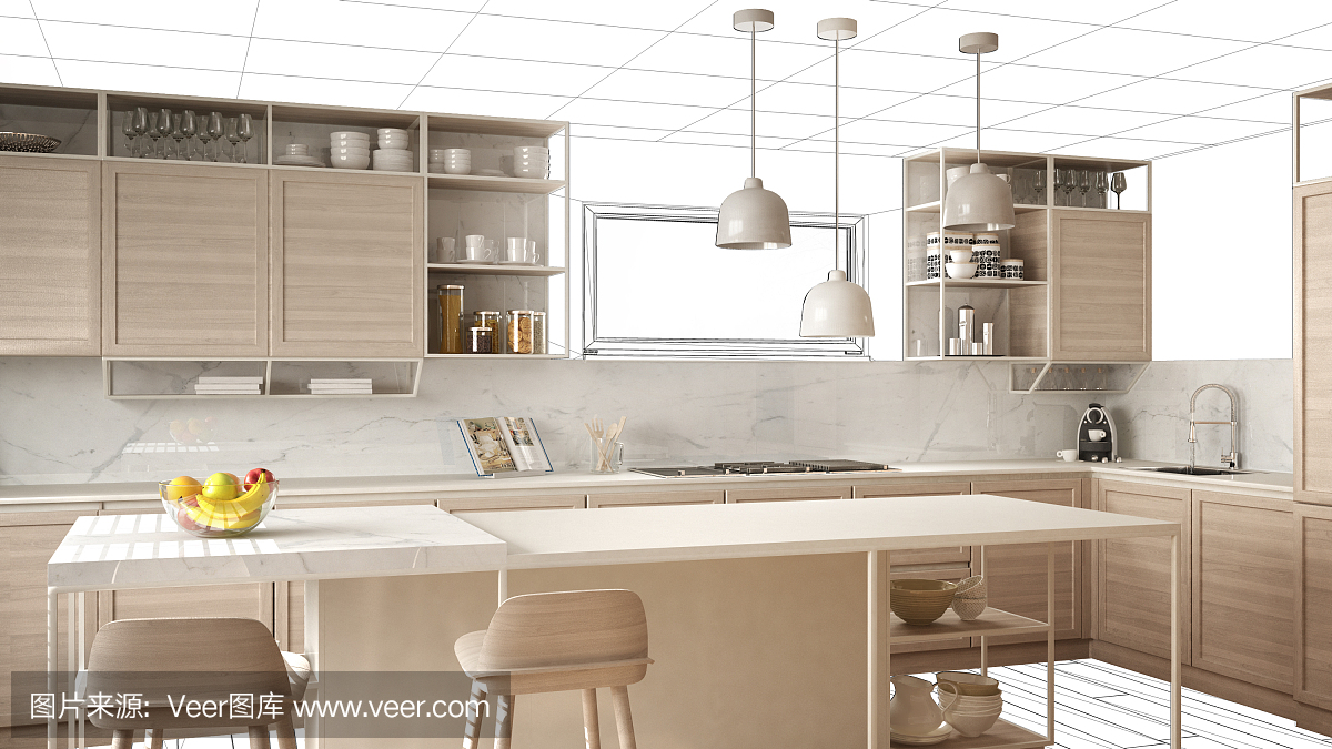 室內(nèi)設(shè)計項目草案,工作在進(jìn)行中的概念想法,真實的現(xiàn)代白色和木制廚房在草圖的背景,建筑師設(shè)計師項目桌面截圖